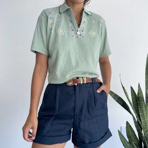 Vintage Cotton Blend floral embroidered polo golf top